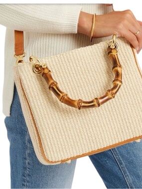 Mark & Graham Woven Raffia Leather Purse Crossbody Satchel Bamboo Handles Cream
